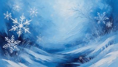 The primary subject of the image is a snowy landscape with a blue sky. The setting includes a snow-covered hillside and a tree in the background. The visual style is a painting, which gives the scene a more artistic and creative appearance. The dominant colors in the image are blue and white, creating a serene and peaceful atmosphere.